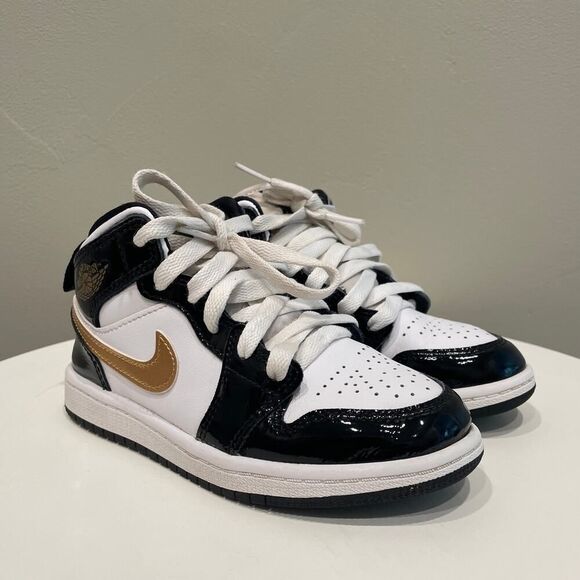 Nike Air Jordan 1 Mid Patent Black White Gold Boy Shoes - Size: 12C - Picture 1 of 9